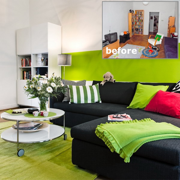 Новый интерьер длинной гостиной, акценты в оттенке "зеленое яблоко" + мебель из ИКЕА